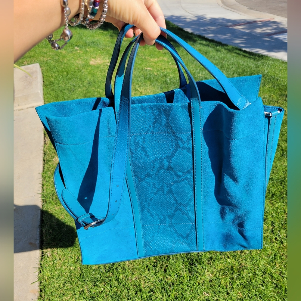 Fossil Suede and Leather Lagoon Blue Carmen Tote Shopper Purse Bag